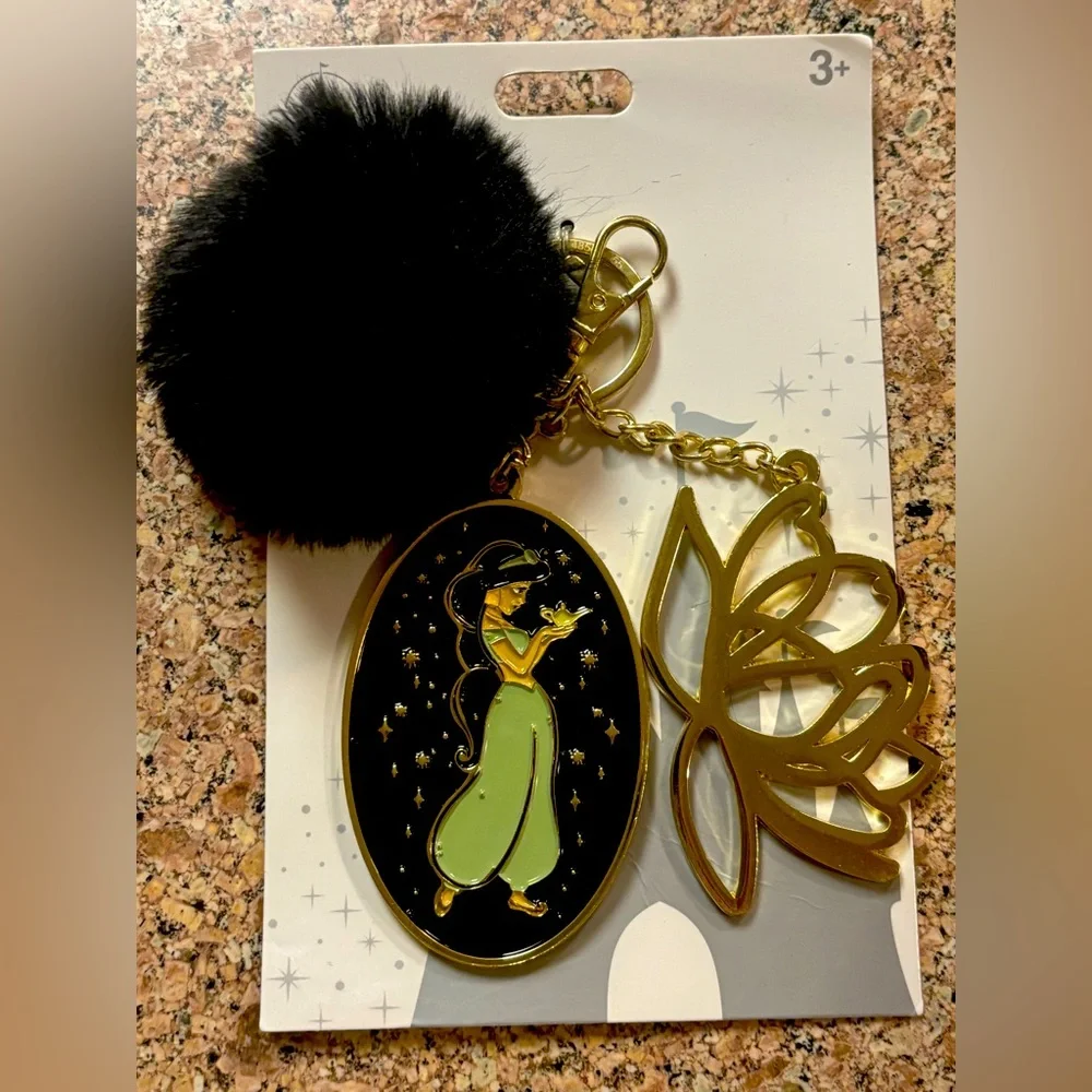 Disney Parks Jasmine Aladdin Bag Charm Keychain with Fuzzy Pom NWT